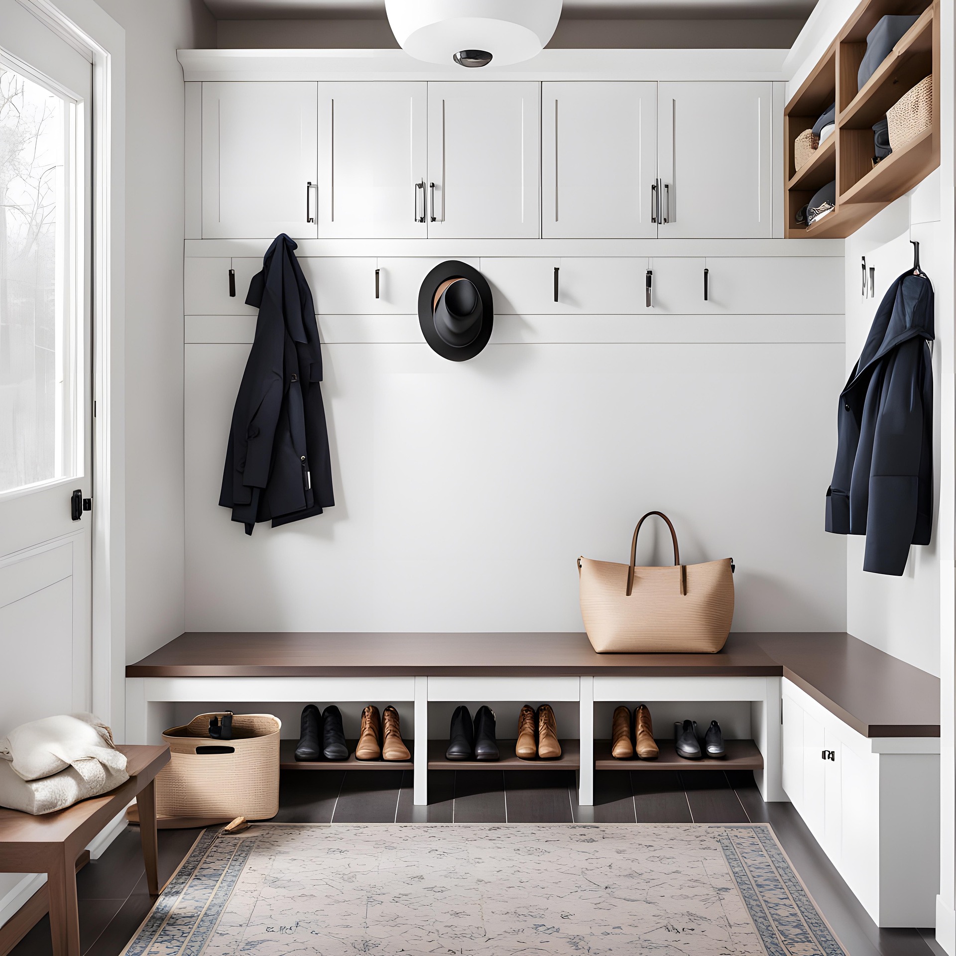 Fitted utility room storage units with seating and storage cabinets above.