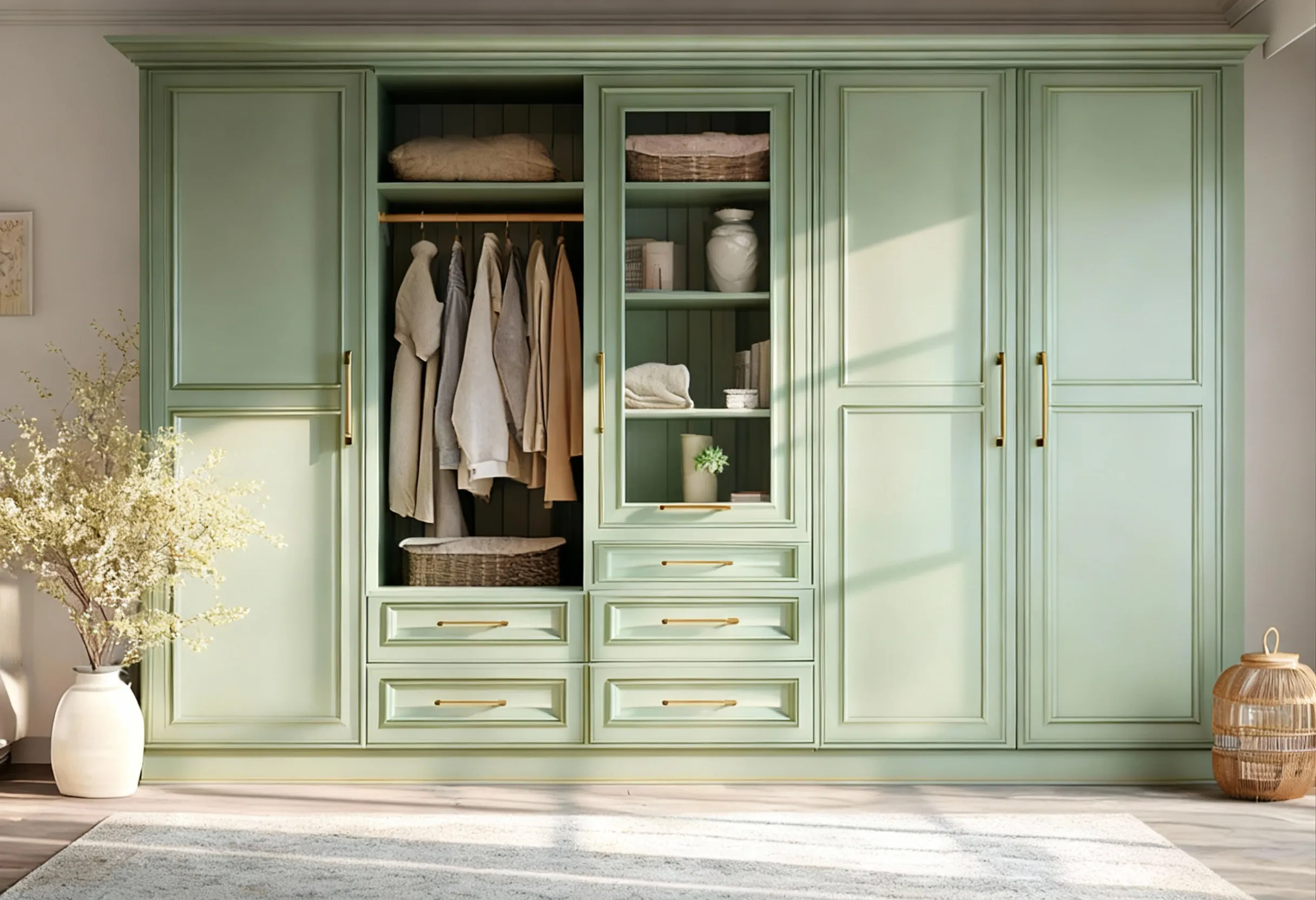 Custom built feature wardrobe with draws and hinged wardrobe doors.