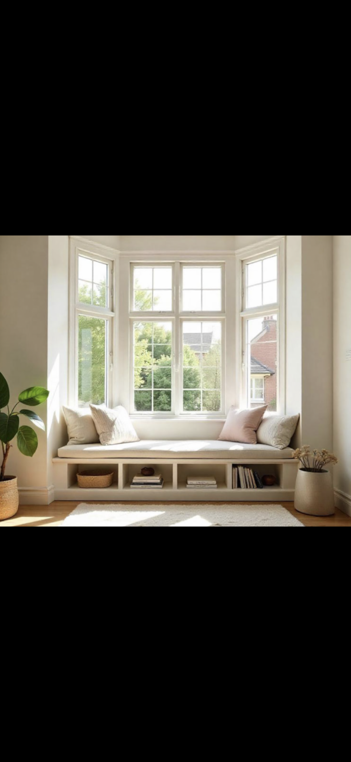 Window bench seat with storage underneath and large cushion seating.
